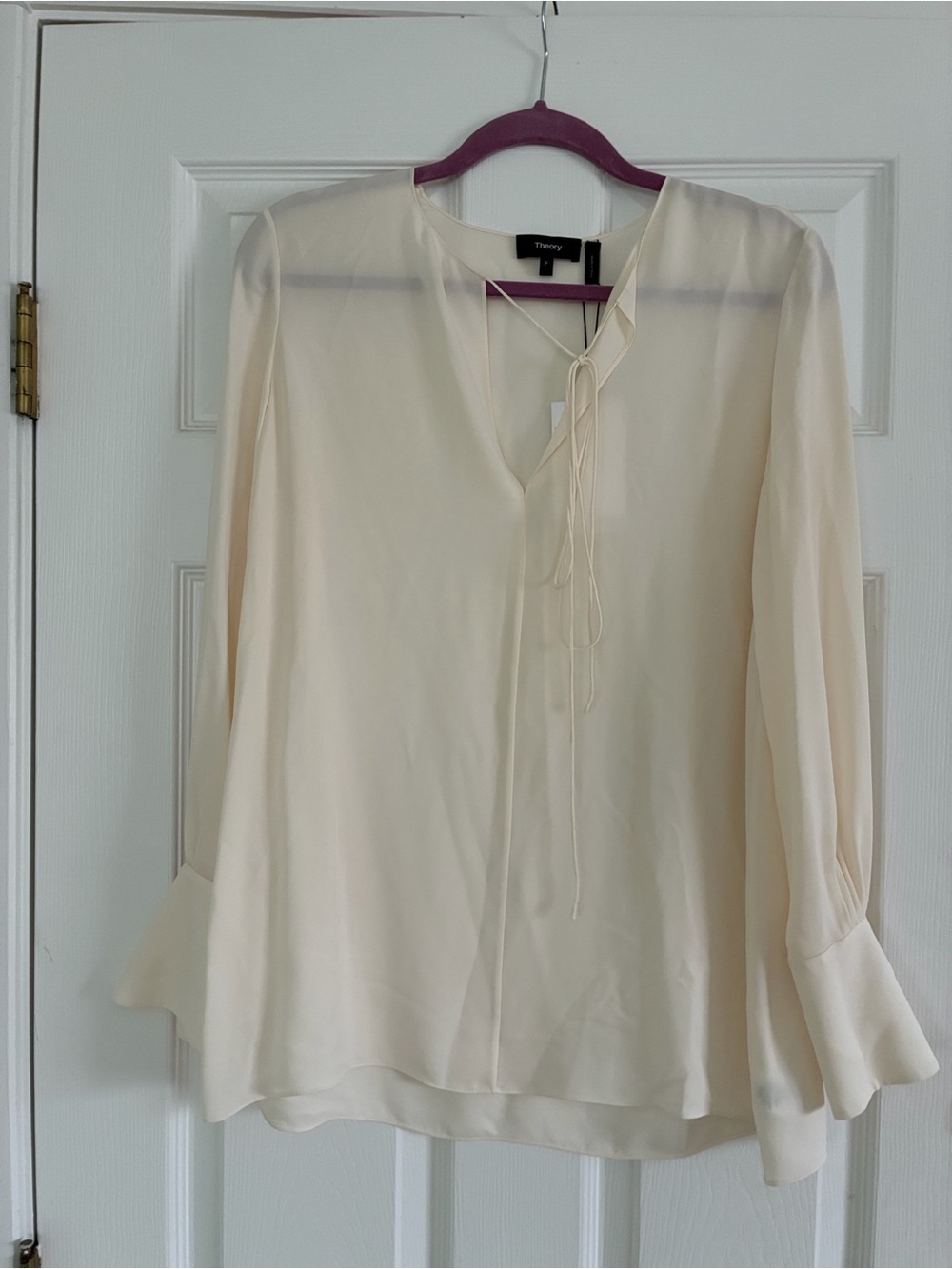 Theory Ivory White Silk Blouse with Tie Front